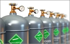 A row of grey high-pressure nitrogen bottles