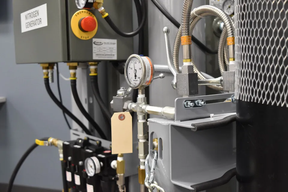 The control panel of a South-Tek nitrogen generator: pressure gauges, valves and a red stop button