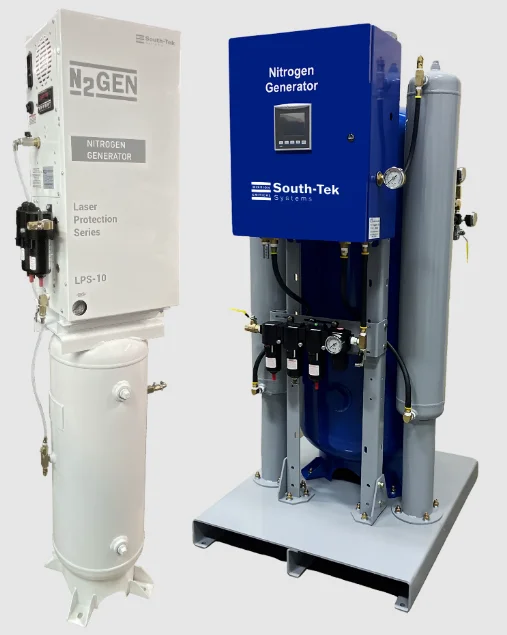 A white South-Tek N2GEN Laser Protection Series unit on its tank beside a blue South-Tek nitrogen generator with two grey towers