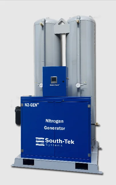 A blue South-Tek N2-GEN nitrogen generator with two grey towers, the Laser Series machine